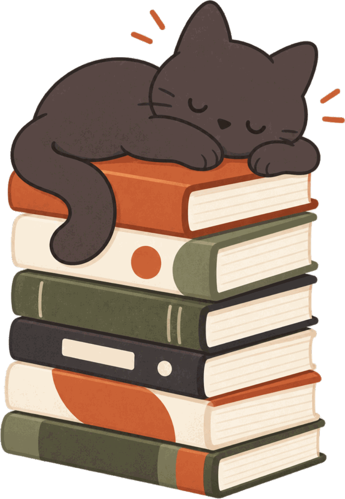 The Pousse cat asleep on a stack of books