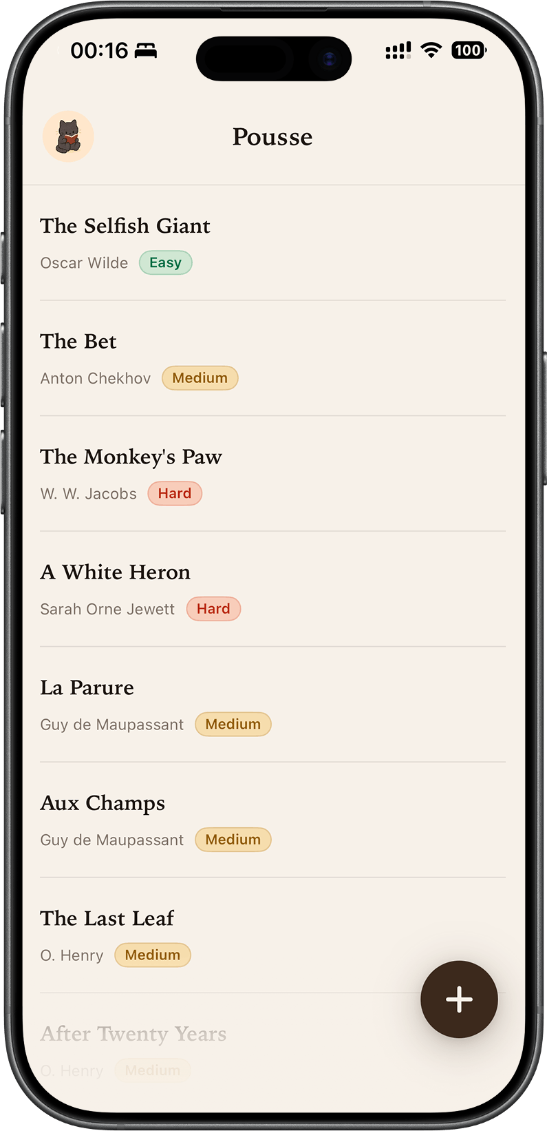 The Pousse library, a list of stories with their authors and reading level