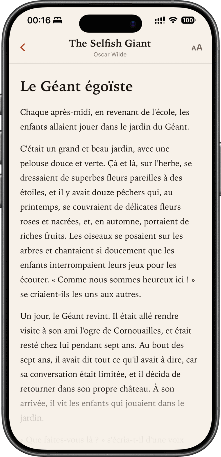 A passage from The Selfish Giant open in Pousse, rendered in French